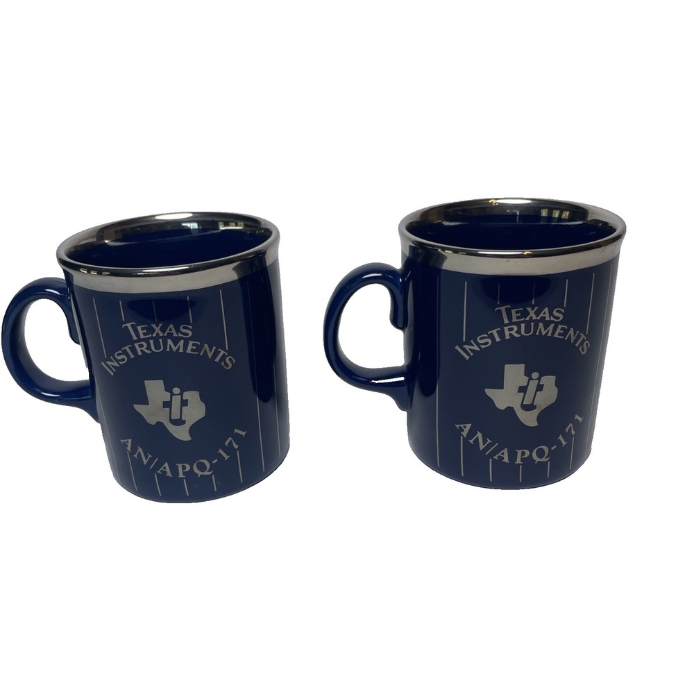 2 Vintage Texas Instruments Radar Upgrade Blue/Silver Coffee Mug TAMS England‎